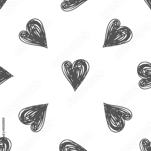 black sweet cute pattern with sweet love heart and abstract edge texture on white.