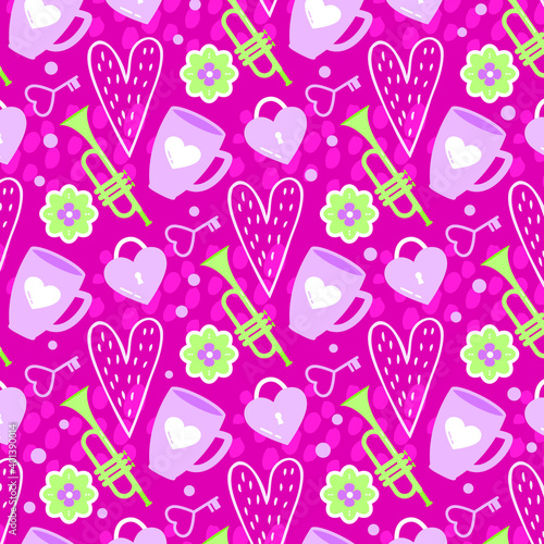 sweet cute pink and purple pattern with sweet love heart and abstract edge texture. © Visualism
