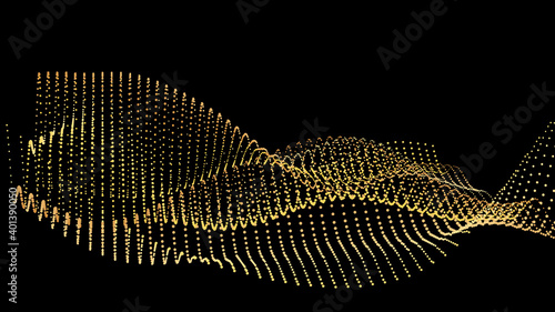 Sound wave from node. Gold interface big data flow. Copy space cover template. Vector swirl isolated flow.