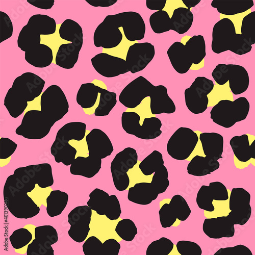 Leopard print seamless background pattern. Black, pink, yellow