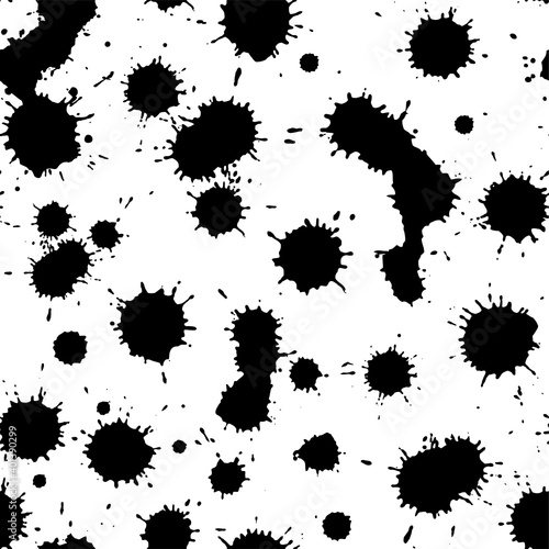 Ink splatter print seamless background pattern. Black and white