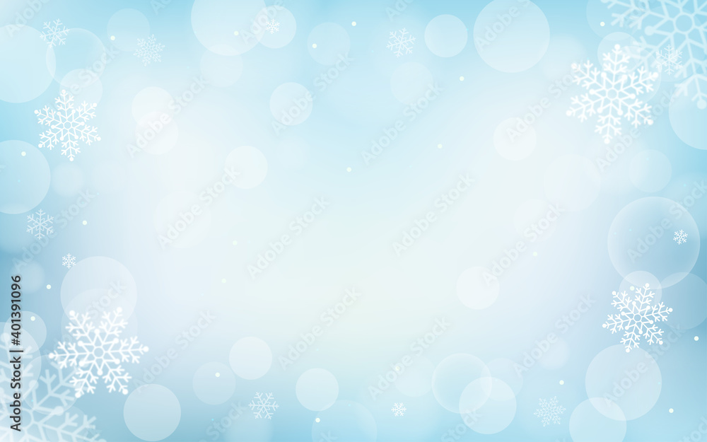 Winter snowflakes bokeh background vector illustration. Beautiful abstract Christmas blue bokeh