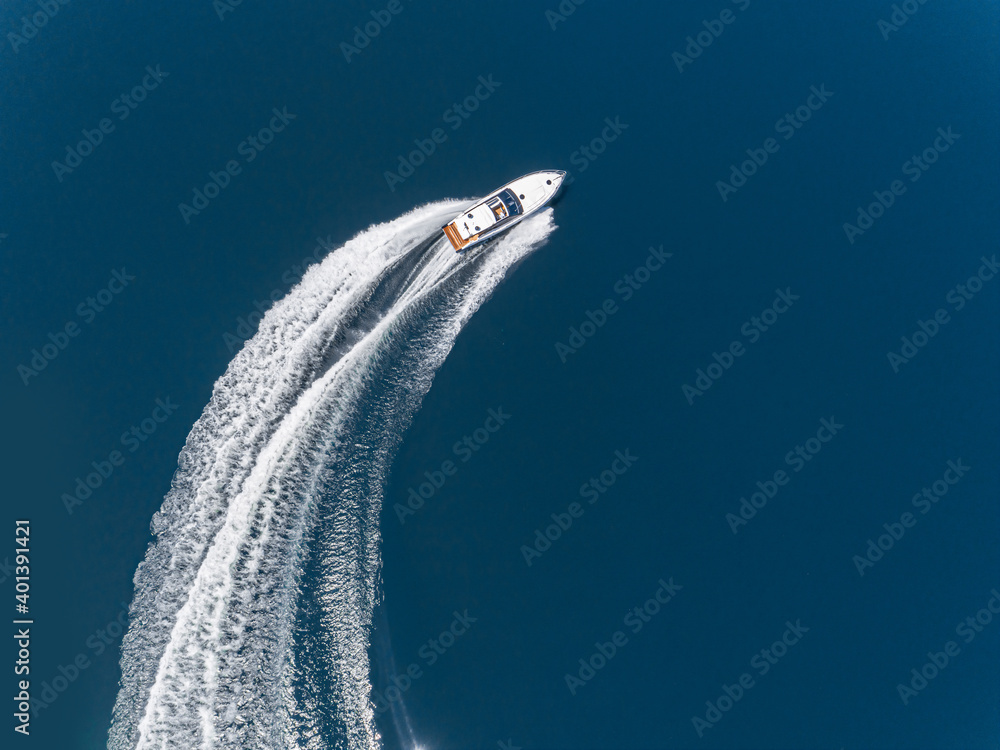 Aerial view of speed boat.