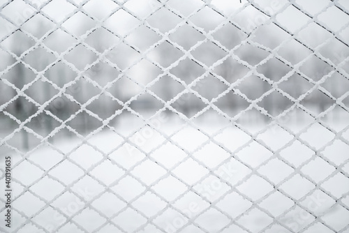 Snow-covered grid. The lattice fence is covered with fresh snow. Winter background texture. White background texture photo