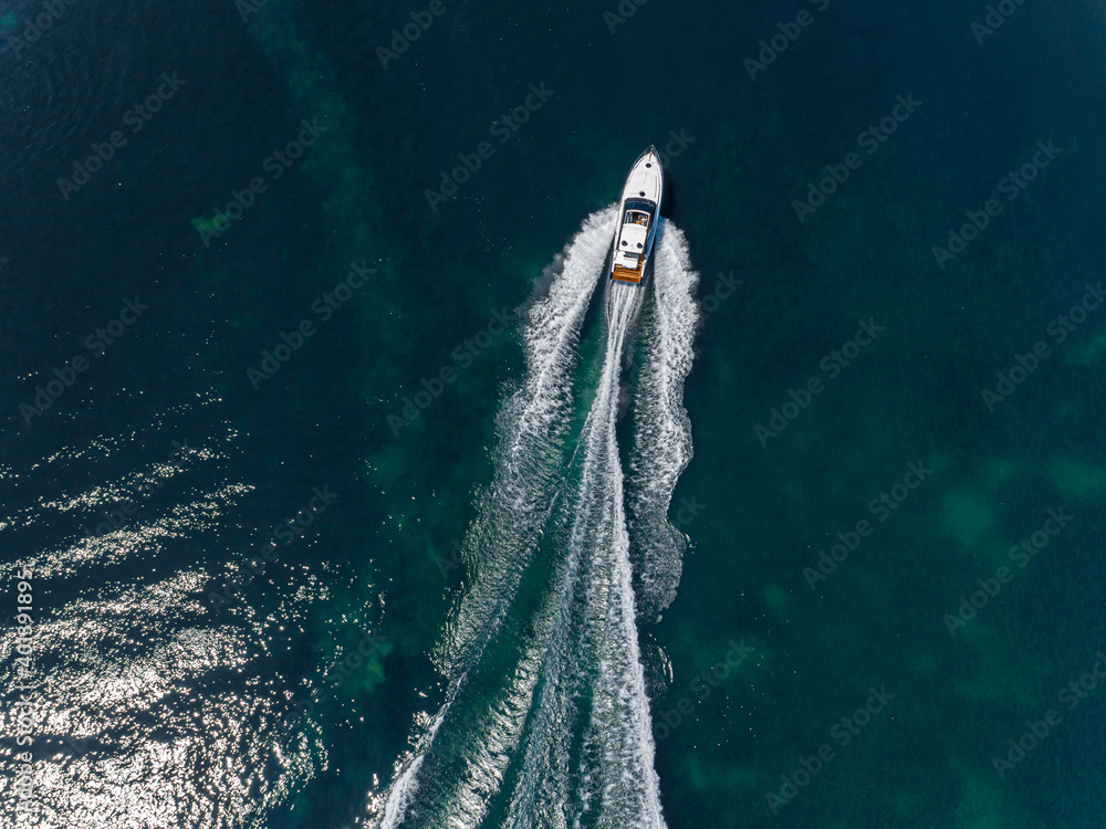 Aerial view of speed boat.
