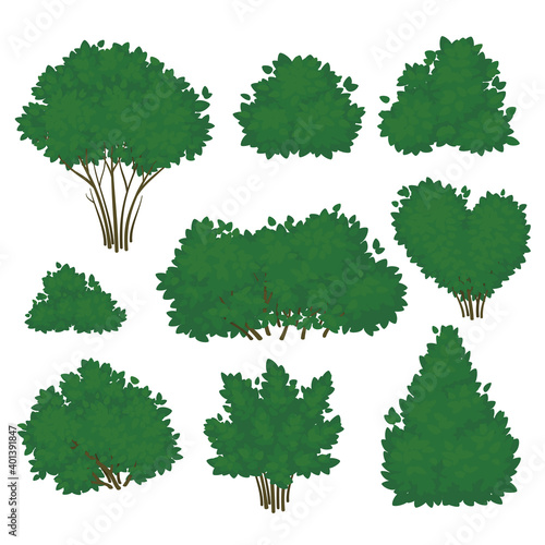 Set of shrubs with lush green foliage in various shapes isolated on a white background. Summer icon. Vector illustration.