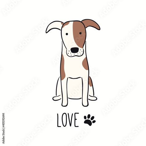 Cute funny fox terrier dog, puppy, quote Love, paw print. Hand drawn color vector illustration, isolated on white. Line art. Pet logo, icon. Design concept for trendy poster, t-shirt, fashion print.