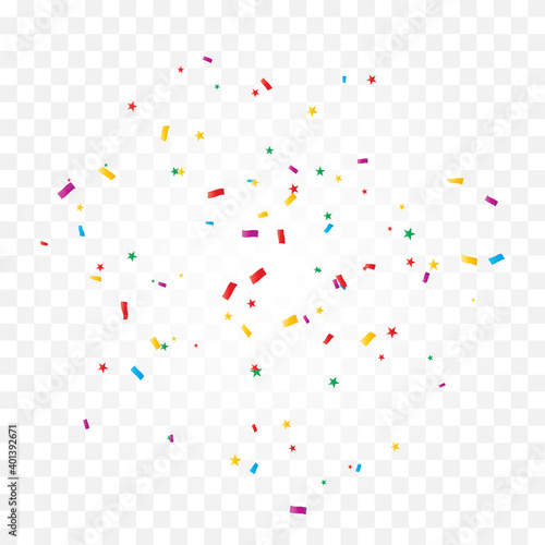 Many falling colorful confetti isolated on transparent background. Celebration banner. Vector