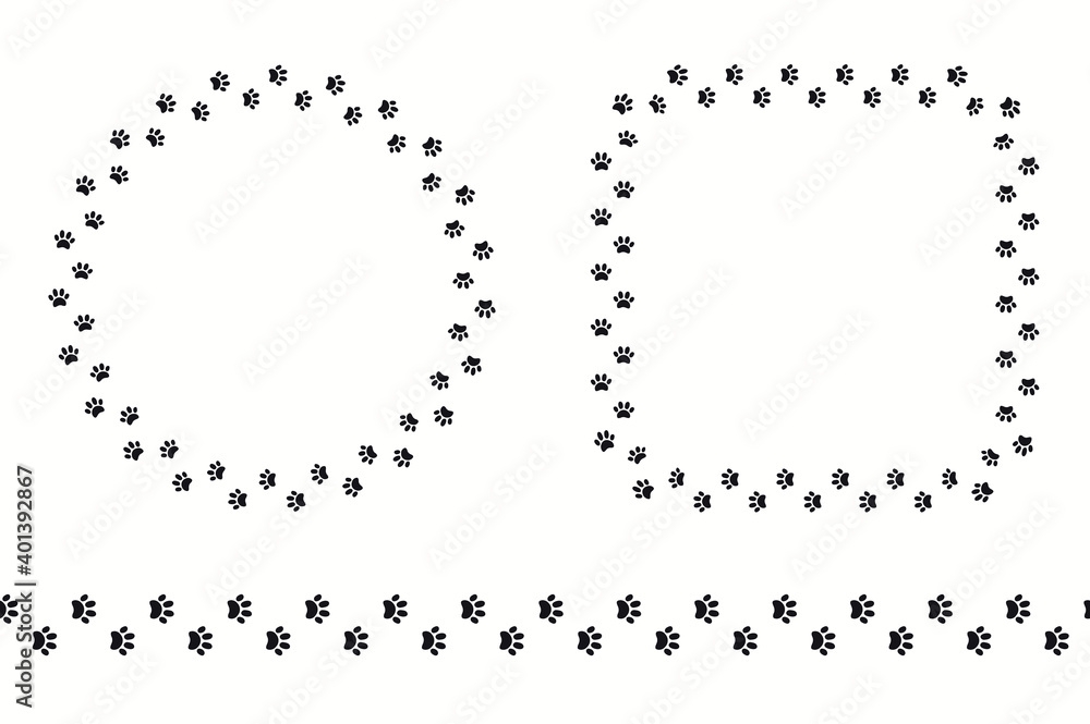 Dog, puppy paw prints round, square frame, with copy space, seamless border. Hand drawn black and white vector illustration, isolated. Line art. Design concept for pet poster, t-shirt, fashion print. Dog, puppy paw prints round, square frame, with copy space, seamless border. Hand drawn black and white vector illustration, isolated. Line art. Design concept for pet poster, t-shirt, fashion print.