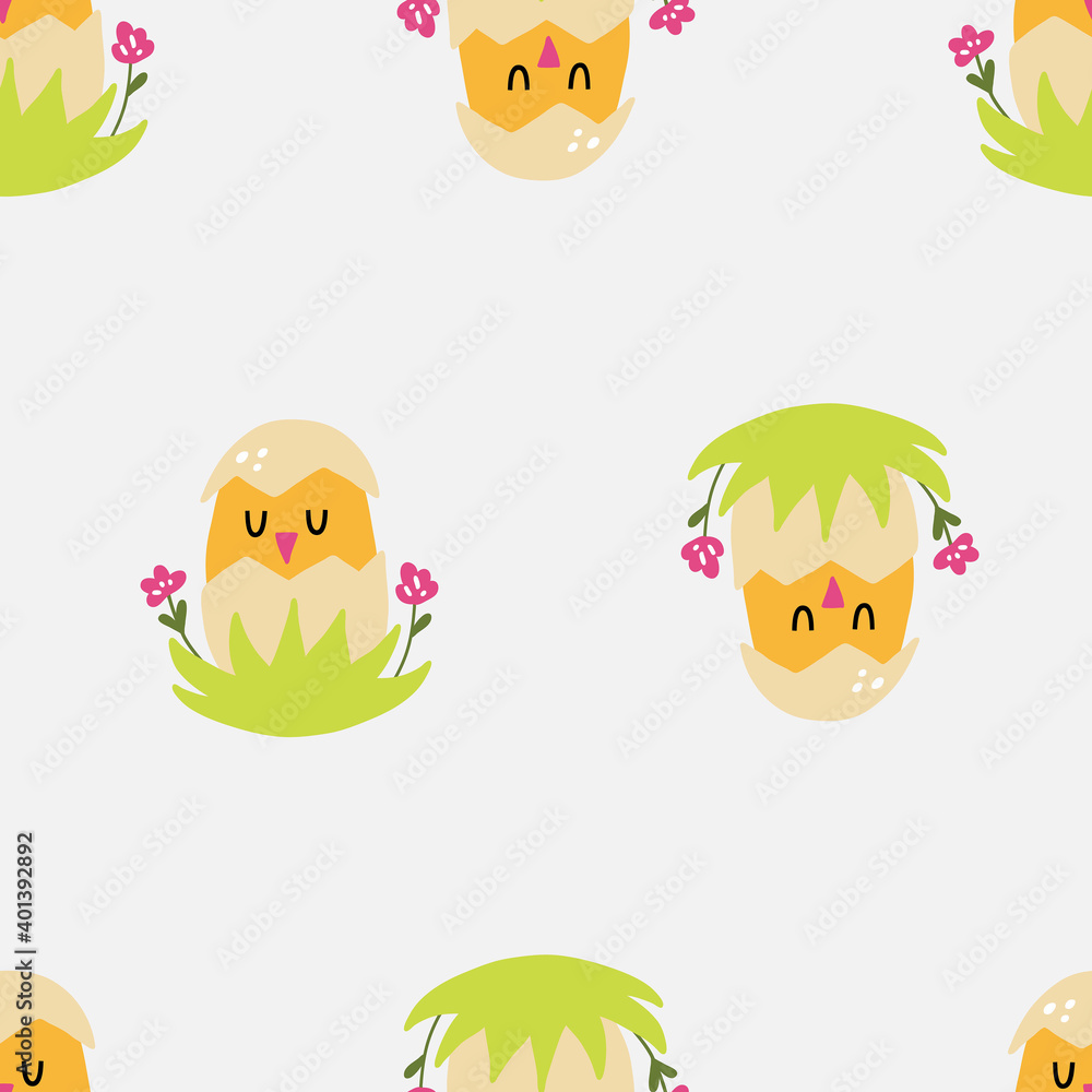 Chick seamless pattern. Happy yellow baby chicken, doodle colorful baby birds, poultry farm cute creature, cartoon minimalistic decor textile, wrapping paper wallpaper vector texture print and fabric