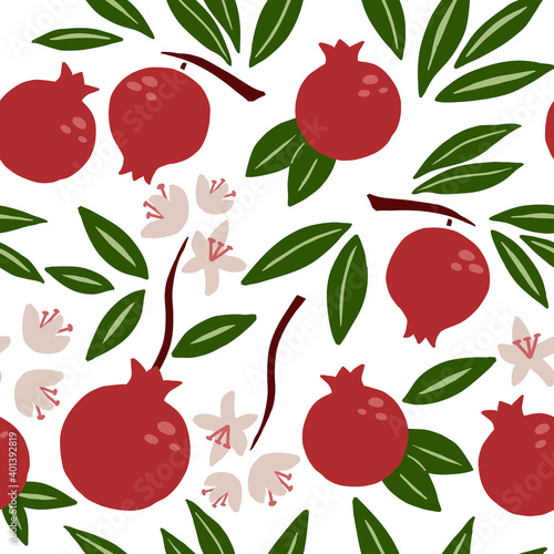 Pomegranate seamless pattern. Exotic tropical red fruit, juicy garnet with green leaves and flowers, vector cartoon minimalistic isolated texture, textile, wrapping paper, wallpaper and fabric