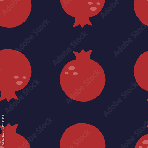Pomegranate seamless pattern. Exotic tropical red fruit, juicy garnet on blue background, vector cartoon minimalistic isolated texture, textile, wrapping paper, wallpaper and fabric