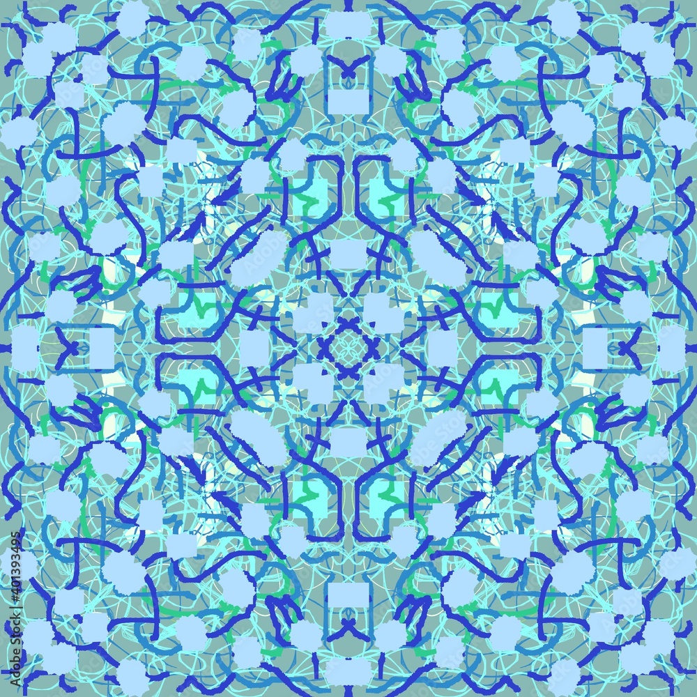 Pattern of blue abstract elements for a festive wrapping paper.