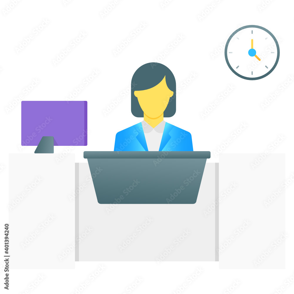 Female avatar sitting on a hotel front desk depicting reception, gradient design
Female avatar sitting on a hotel front desk depicting reception, gradient design