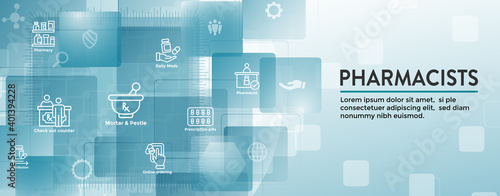 Pharmaceuticals and medications icon set w web header banner