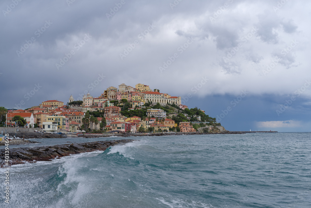 Imperia old town in cloudy day over the Ligurian sea, Italian Riviera