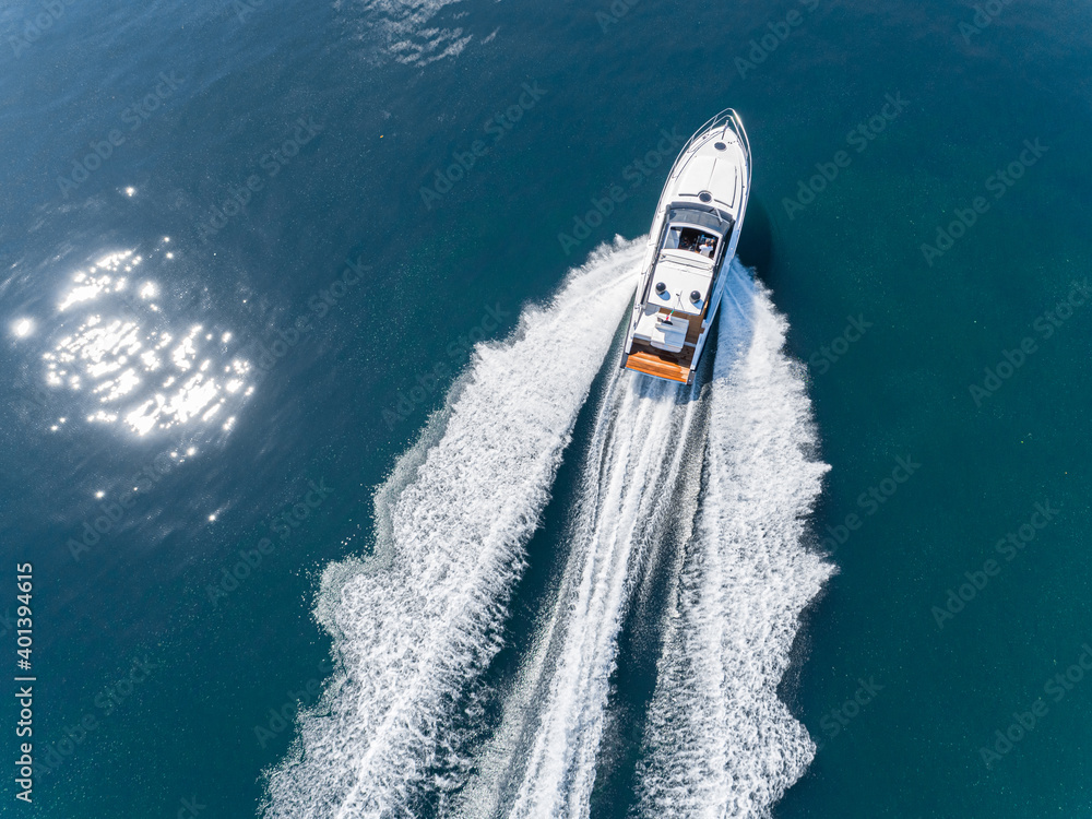 Aerial view of speed boat.