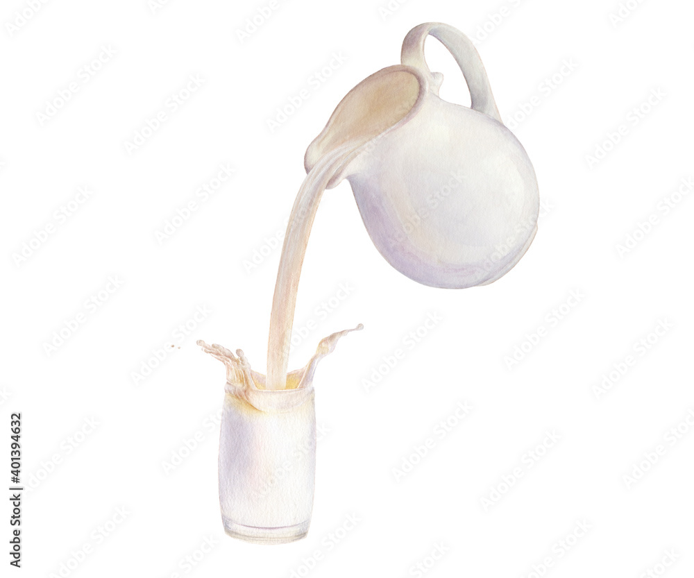 Pouring milk from a jug into a glass watercolor illustration isolated on white background Pouring milk from a jug into a glass watercolor illustration isolated on white background