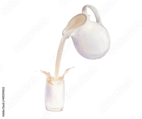 Εκτύπωση καμβά Pouring milk from a jug into a glass watercolor illustration isolated on white b
