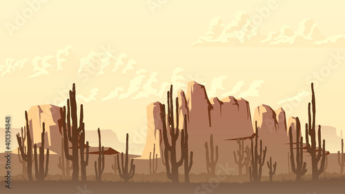 Set of vector stylized banner of wild west desert area with rocks (Monument Valley) and cacti at sunset.