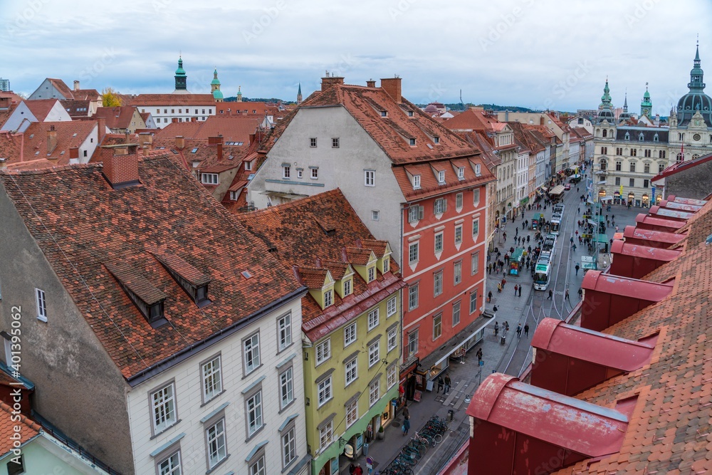 Aerial view of main shopping street Herrengasse, Graz, Austria