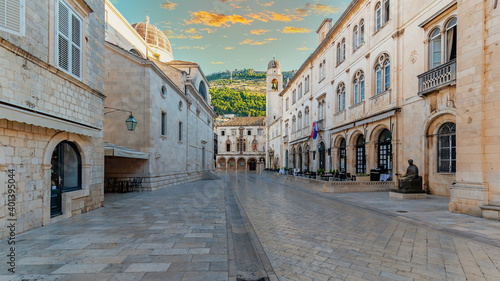 One of the main streets of the old town of Dubrovnik overlooking Mount Srđ, Croatia.