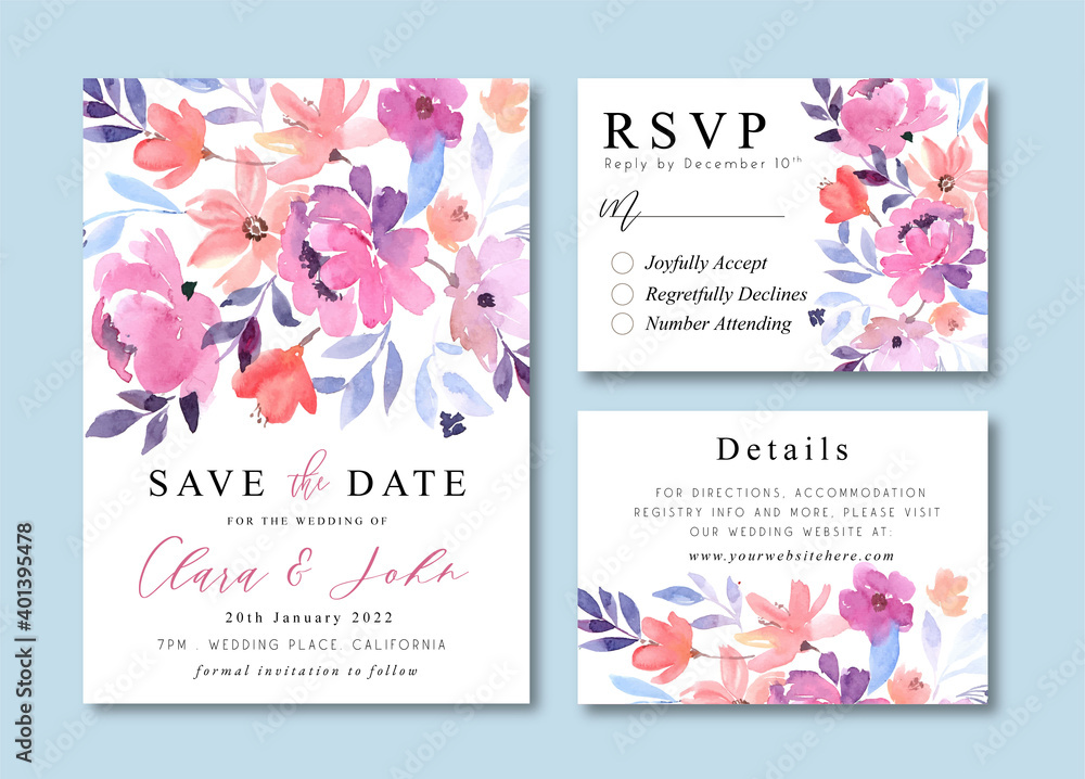 Wedding Invitation Cards with Warm Purple Peonies Watercolor Floral Bouquets