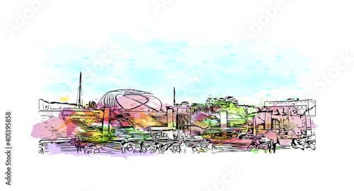 Building view with landmark of Da lat is the
city in Vietnam. Watercolour splash with hand drawn sketch illustration in vector.