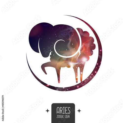 Modern magic witchcraft card with astrology Aries zodiac sign. Aries silhouette with outer space inside