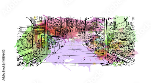 Building view with landmark of Da lat is the
city in Vietnam. Watercolour splash with hand drawn sketch illustration in vector. photo