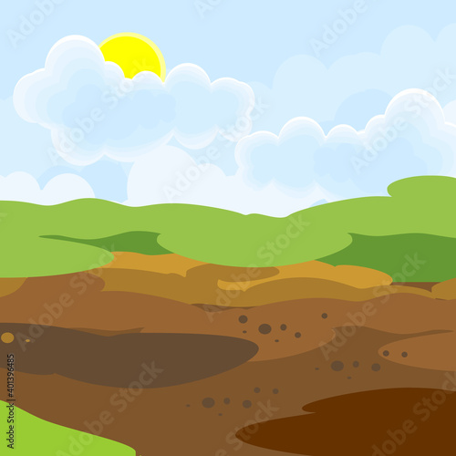 Abstract agriculture landscape with green and plowed field  blue sky and yellow sun