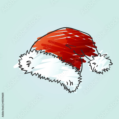 Santa hat doodle painted quirky scribble red and white color on blue background, Isolated Christmas and New Year design element vector sketch