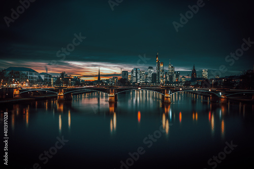 The Main with the Frankfurt skyline in the evening, at sunset. Nice overview of the city and its surroundings. in a special shade