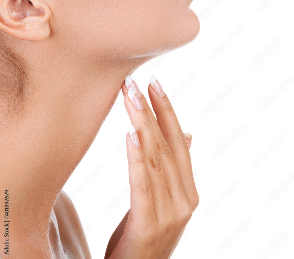 Pretty woman touching her neck, isolated on white background Pretty woman touching her neck, isolated on white background