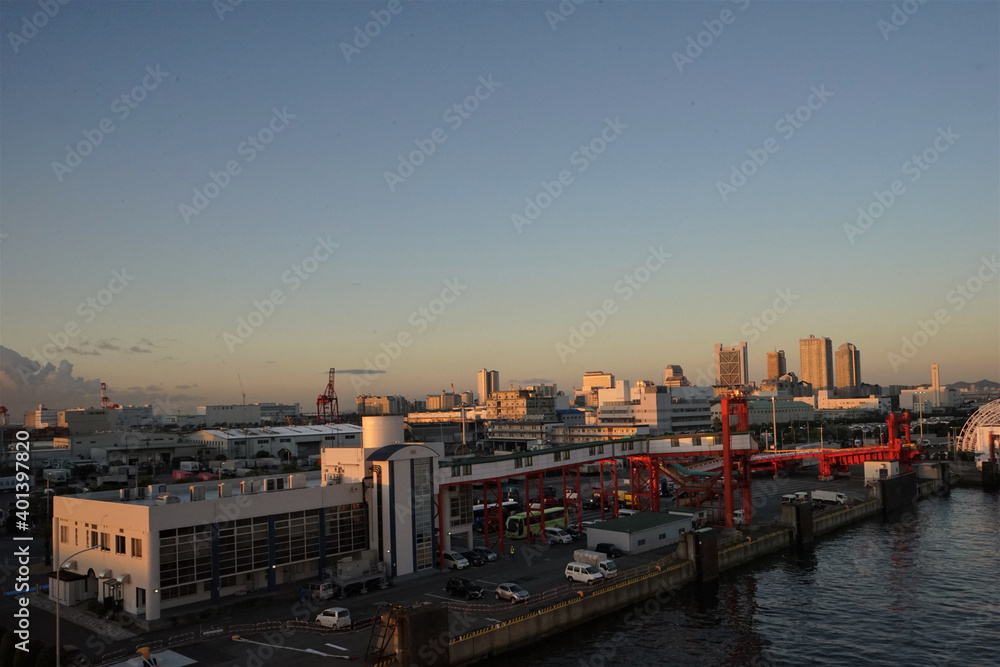 Kobe Port and terminal with sunrise in Hyogo, Japan - 神戸港とターミナル 日の出