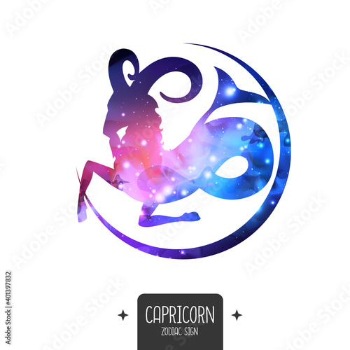 Modern magic witchcraft card with astrology Capricorn zodiac sign. Capricorn silhouette with outer space inside