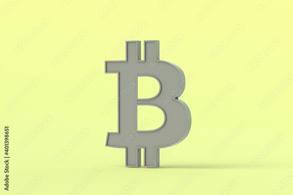 Gray sign of electronic, anonymous currency bitcoin on a yellow background. Alternative virtual money. 3d rendering Gray sign of electronic, anonymous currency bitcoin on a yellow background. Alternative virtual money. 3d rendering