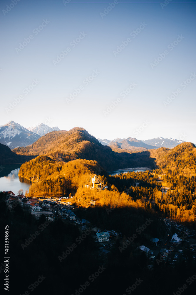 Bavaria, Germany, December 30, 2019: Hohenschwangau castle from a height against the background of mountains and sky in Bavaria.
