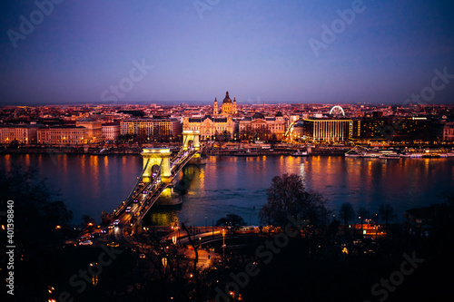 BUDAPEST, HUNGARY, January 01, 2020: Exterior shot of Bridge, Buildings and Danube River, Budapest, Hungary.