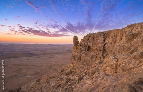 Beautiful landscape with cloudy sunrise over Machtesh Ramon  Ramon Crater   Negev Desert  Israel