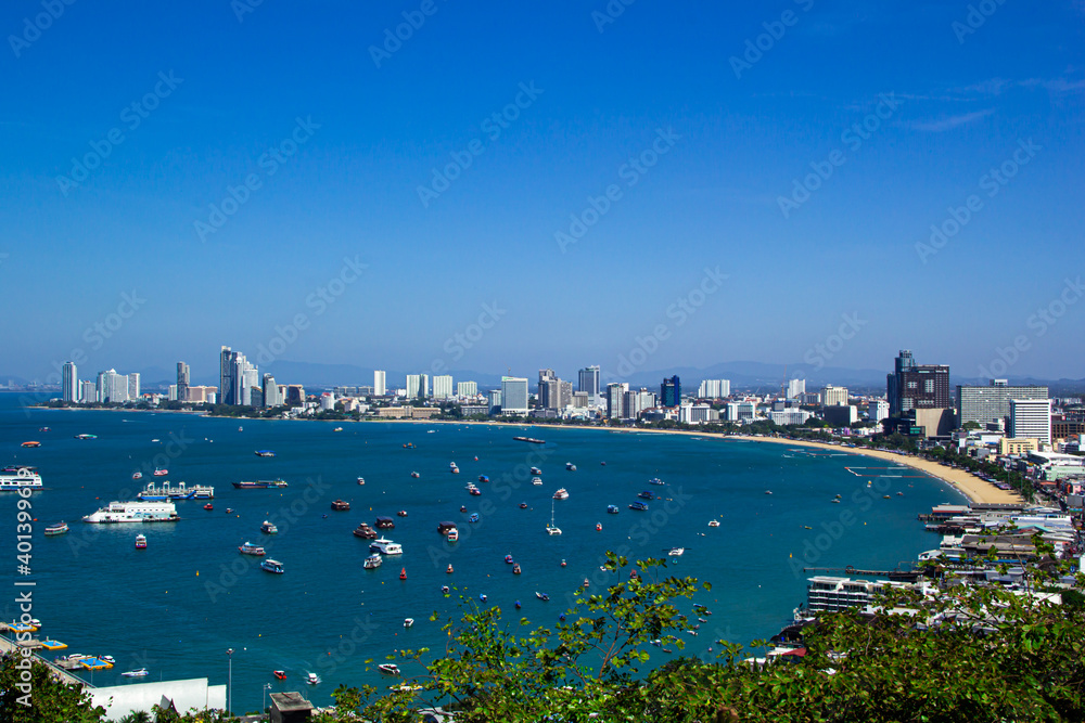 Pattaya City and Sea in blue sky background