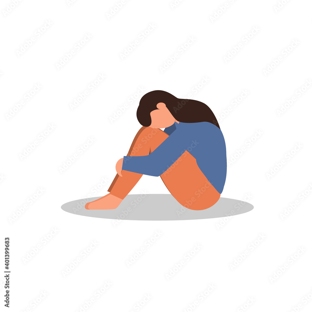 Sad and depressed girl sitting on the floor and hugging her knees. Depressed teenager. Sad woman unhappy and stressed student concept. Vector illustration in flat cartoon style