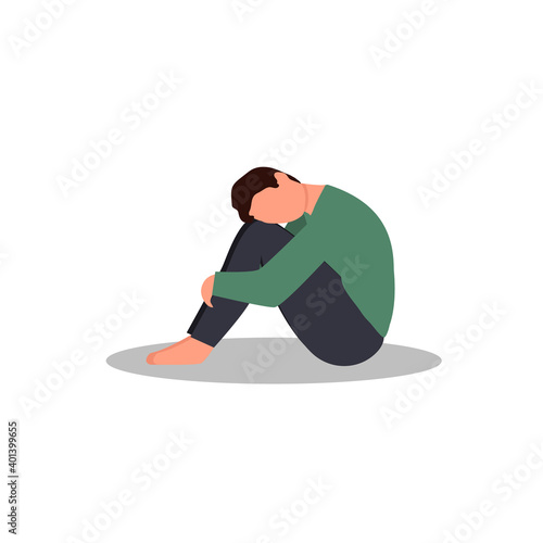A lonely man sitting and hugging his knees. Young depressed male character. Sad thoughts. Depressed man concept. Vector illustration in flat style