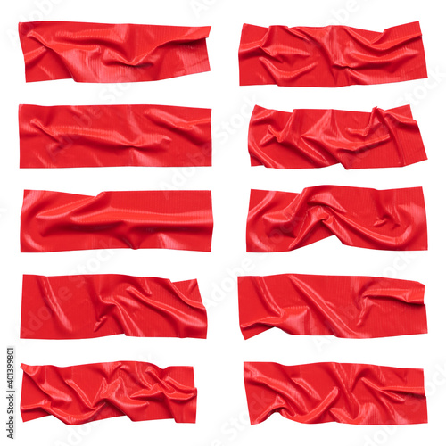 Red wrinkled adhesive tape isolated on white background. Red Sticky scotch tape of different sizes.
