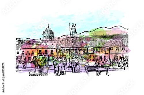 Building view with landmark of Cusco
City in Peru. Watercolour splash with hand drawn sketch illustration in vector.