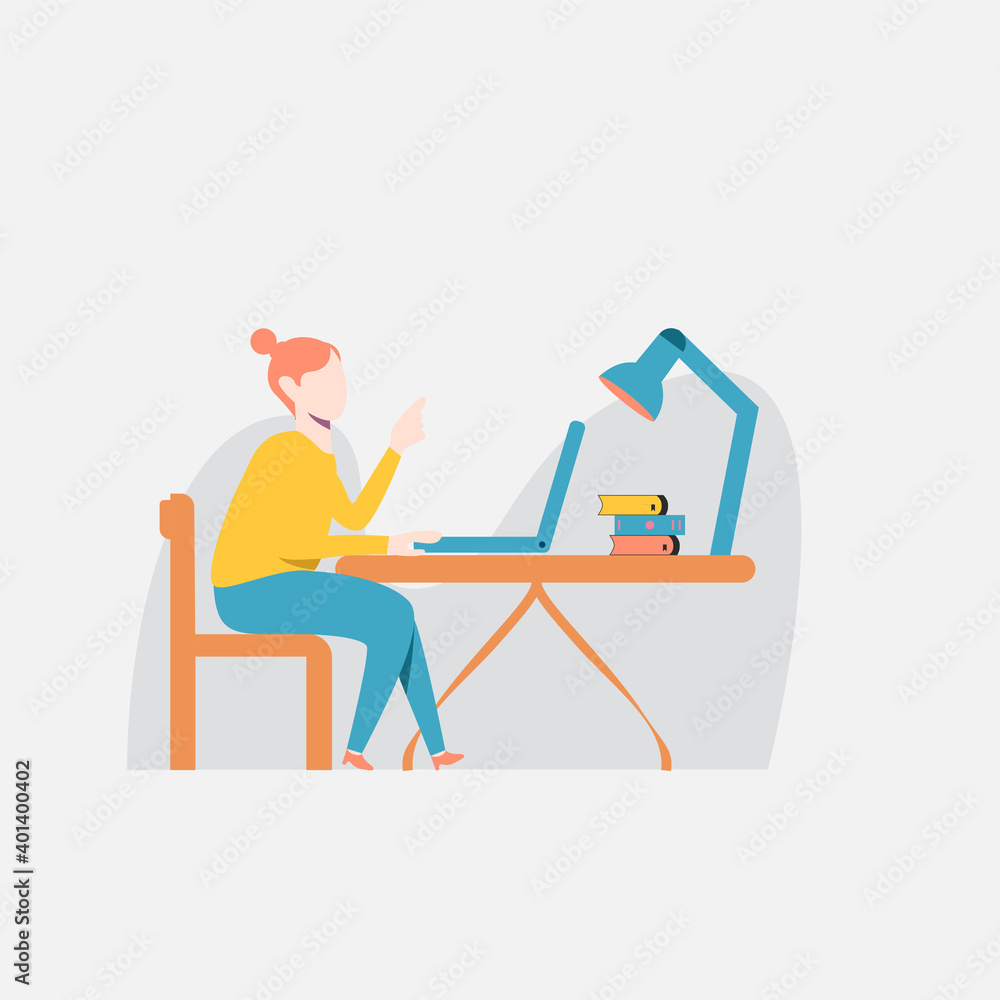 modern flat people character. Online education, home schooling. Girl student learning on laptop. ideal for websites, landing pages, UI, mobile applications, posters, banners. modern flat people character. Online education, home schooling. Girl student learning on laptop. ideal for websites, landing pages, UI, mobile applications, posters, banners.