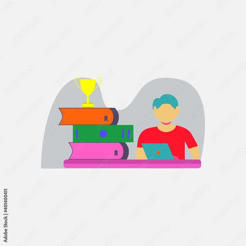 Fototapeta premium modern flat people character. boy studying with laptop, Students in the learning process,. ideal for websites, landing pages, UI, mobile applications, posters, banners. 