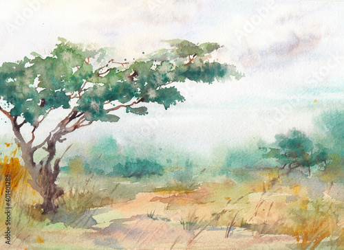 Watercolor landscape  african desert. Hand painted nature view with trees  clouds sky and plants. Beautiful safari scene
