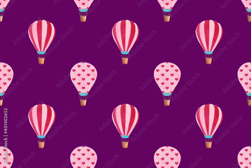 Watercolor pattern with hot air balloons on the purple background Watercolor pattern with hot air balloons on the purple background