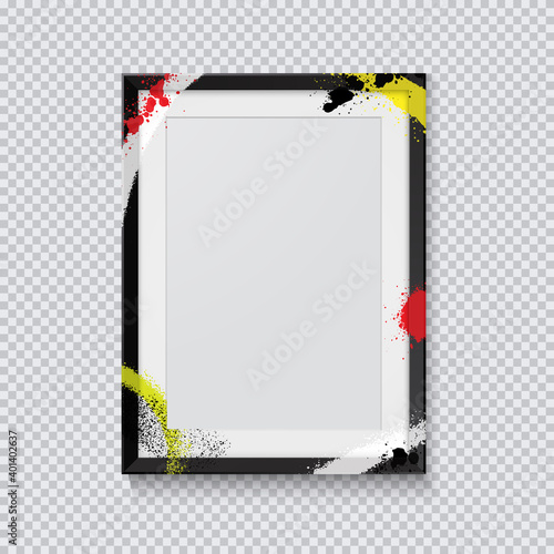 Realistic black photo frame painted with graffiti paint on a transparent background. Vector illustration.